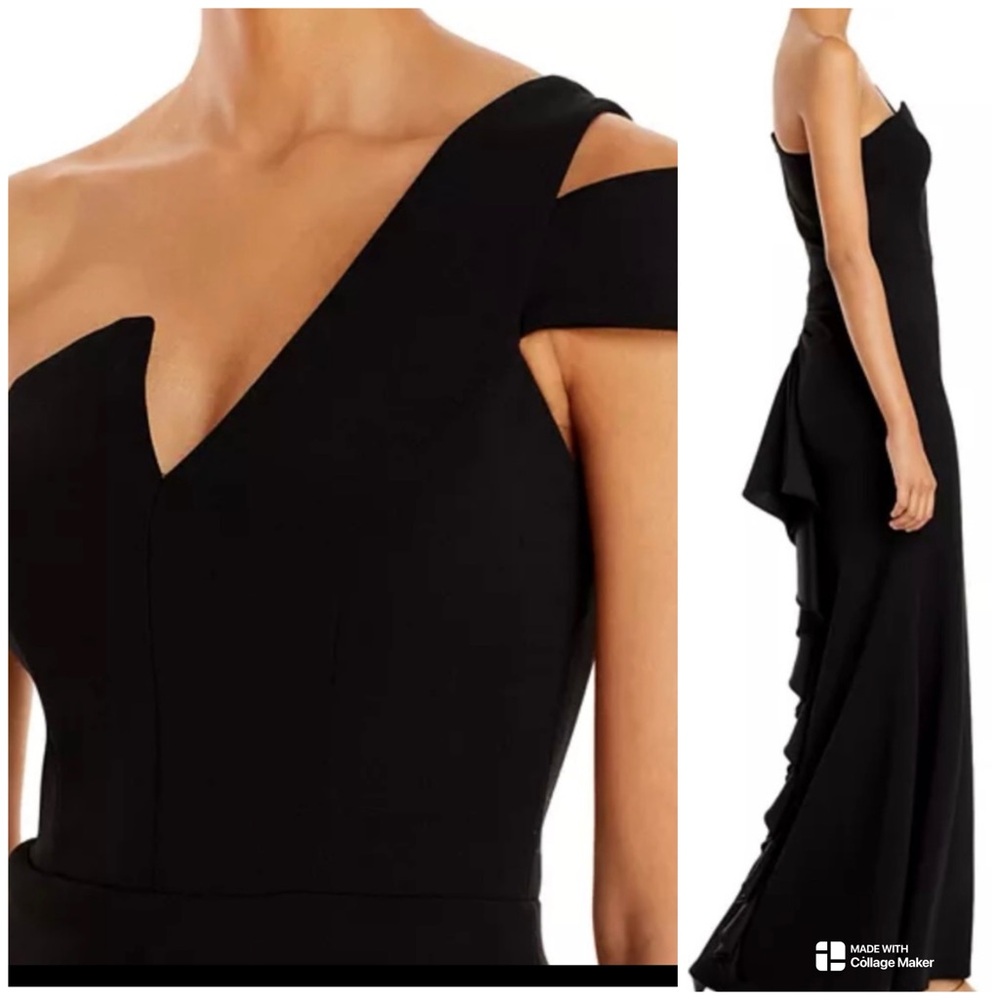 NWT Bloomingdale’s exclusive Black one shoulder ruffled back formal gown.